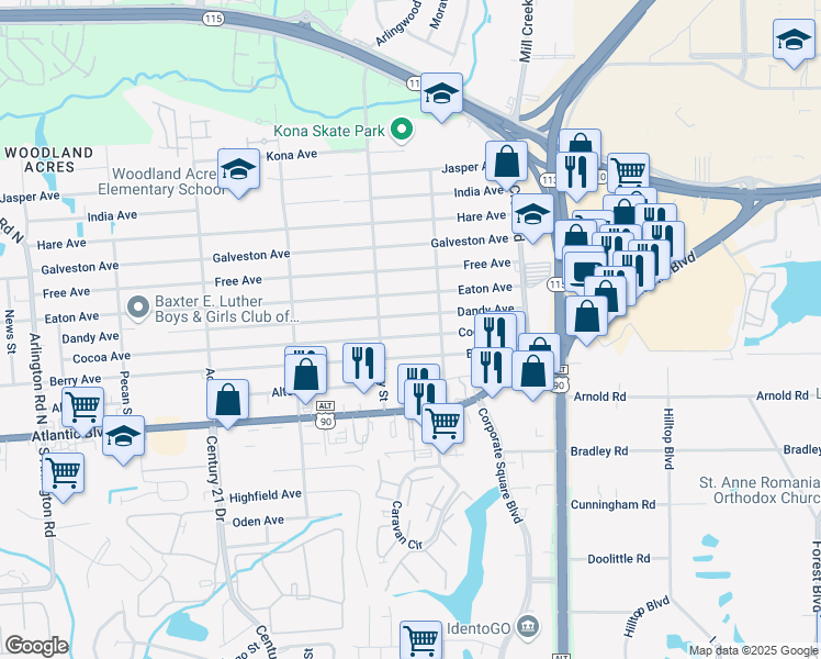 map of restaurants, bars, coffee shops, grocery stores, and more near 8830 Cocoa Avenue in Jacksonville