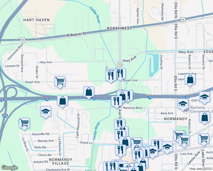 map of restaurants, bars, coffee shops, grocery stores, and more near 565 Henderson Road in Jacksonville