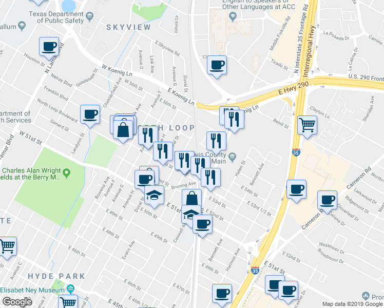 map of restaurants, bars, coffee shops, grocery stores, and more near 5315 Martin Avenue in Austin
