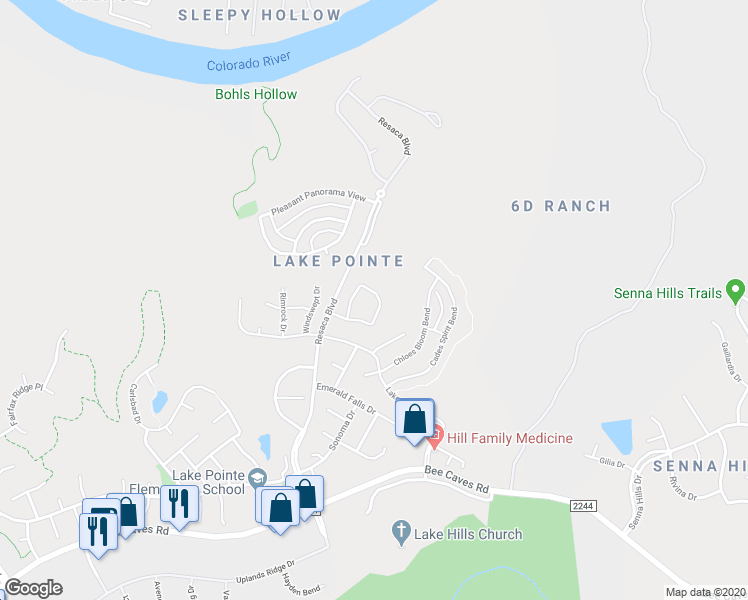 map of restaurants, bars, coffee shops, grocery stores, and more near 10716 Pointe View Drive in Austin