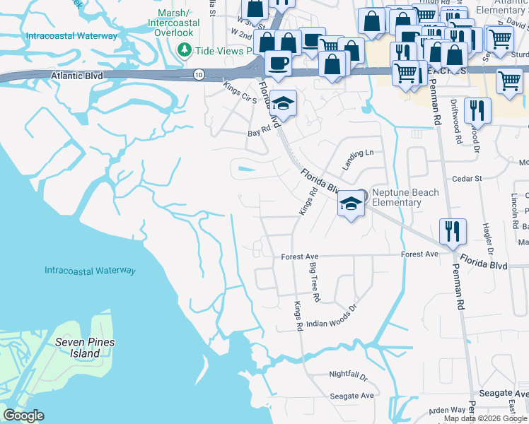 map of restaurants, bars, coffee shops, grocery stores, and more near 1919 Strickland Road in Neptune Beach