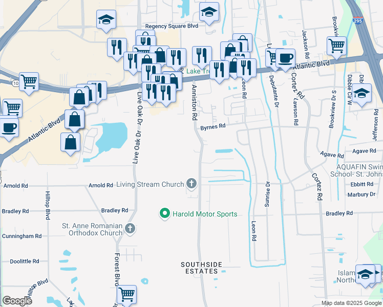 map of restaurants, bars, coffee shops, grocery stores, and more near 1874 Anniston Road in Jacksonville