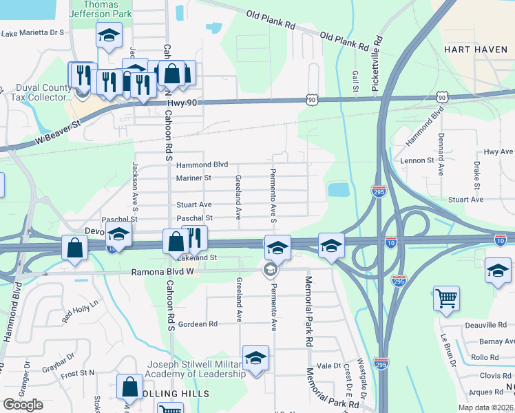 map of restaurants, bars, coffee shops, grocery stores, and more near 7840 Stuart Avenue in Jacksonville