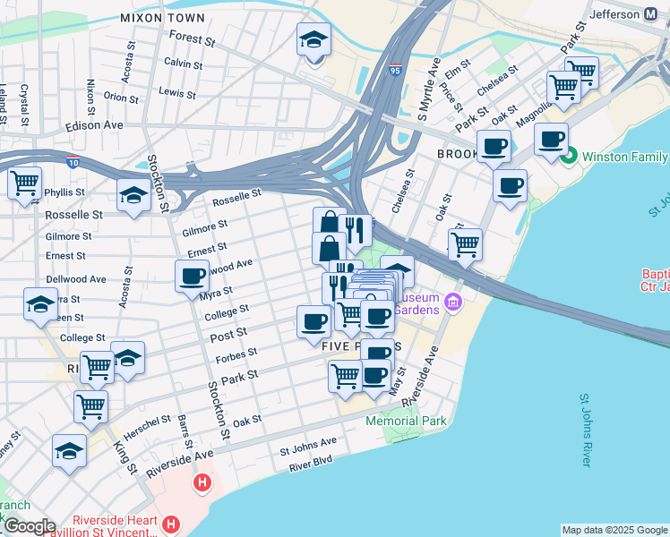 map of restaurants, bars, coffee shops, grocery stores, and more near 904 Margaret Street in Jacksonville