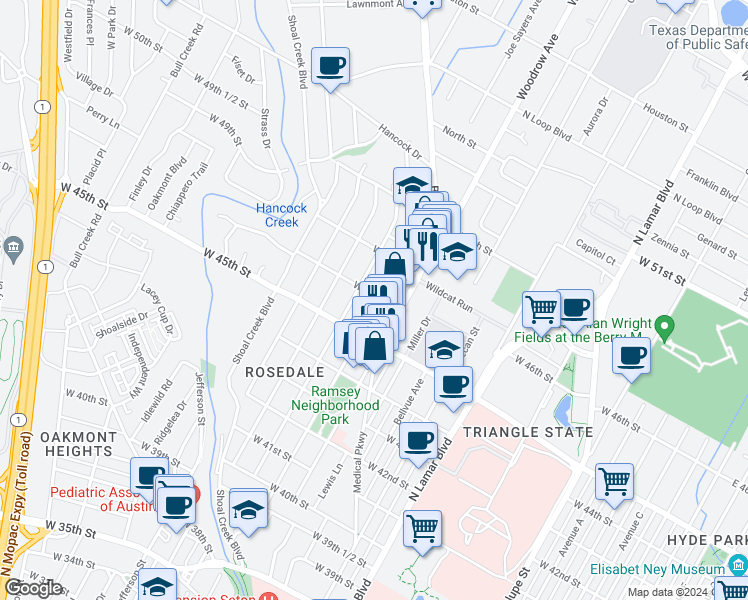 map of restaurants, bars, coffee shops, grocery stores, and more near 4518 Rosedale Avenue in Austin