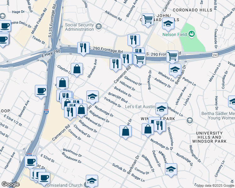 map of restaurants, bars, coffee shops, grocery stores, and more near 1401 Briarcliff Boulevard in Austin