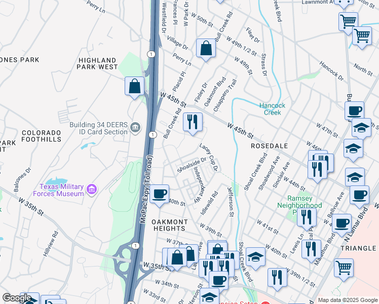 map of restaurants, bars, coffee shops, grocery stores, and more near 4325 Jackson Avenue in Austin