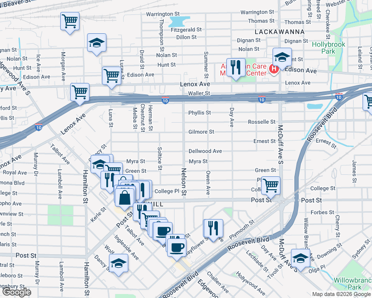 map of restaurants, bars, coffee shops, grocery stores, and more near 816 Nelson Street in Jacksonville