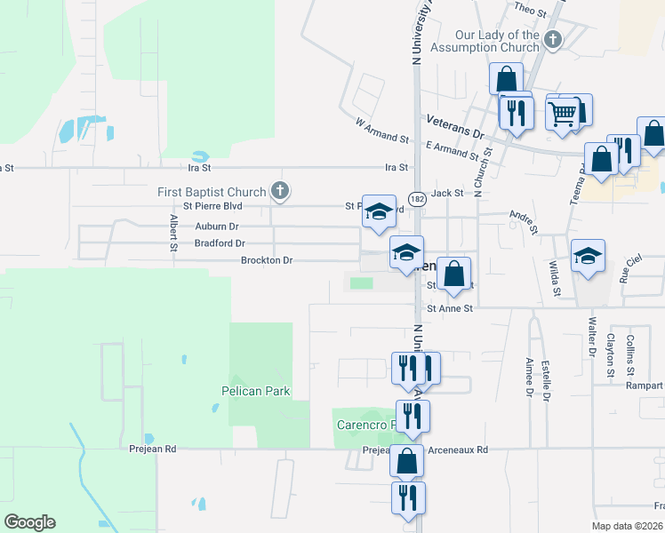 map of restaurants, bars, coffee shops, grocery stores, and more near 111 Brockton Drive in Carencro