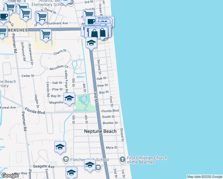 map of restaurants, bars, coffee shops, grocery stores, and more near 909 1st Street in Neptune Beach