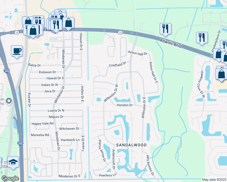 map of restaurants, bars, coffee shops, grocery stores, and more near 1939 Willesdon Drive West in Jacksonville