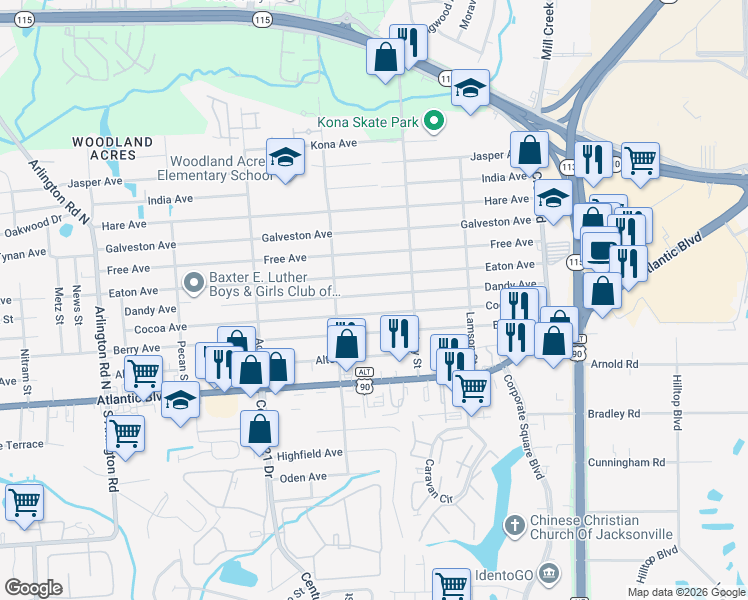 map of restaurants, bars, coffee shops, grocery stores, and more near 8602 Cocoa Avenue in Jacksonville