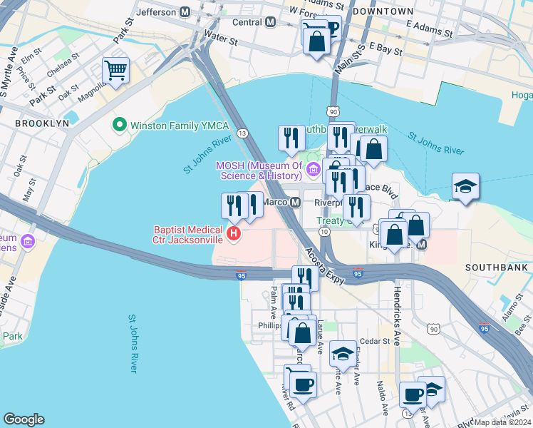 map of restaurants, bars, coffee shops, grocery stores, and more near 1650 Prudential Drive in Jacksonville
