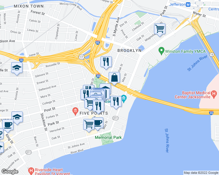 map of restaurants, bars, coffee shops, grocery stores, and more near 804 Oak Street in Jacksonville