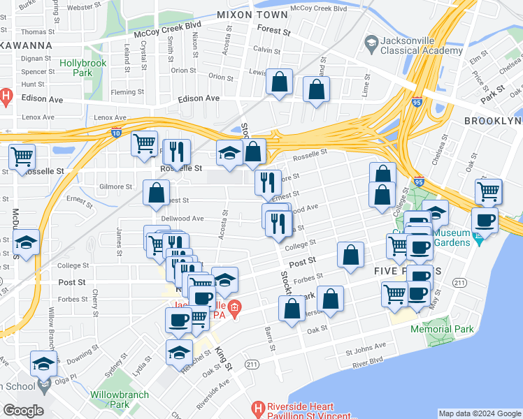map of restaurants, bars, coffee shops, grocery stores, and more near 2502 Dellwood Avenue in Jacksonville
