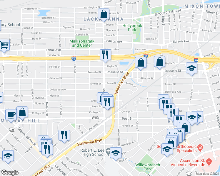 map of restaurants, bars, coffee shops, grocery stores, and more near 2985 Myra Street in Jacksonville