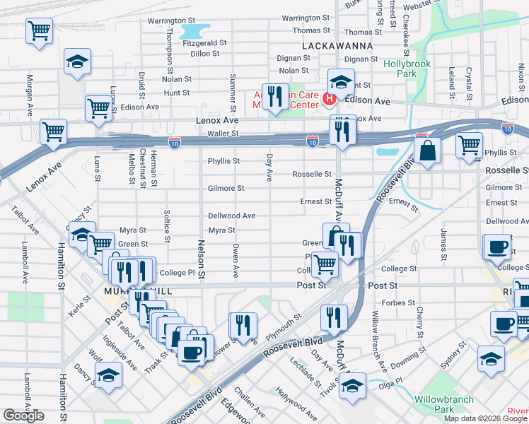 map of restaurants, bars, coffee shops, grocery stores, and more near 816 Day Avenue in Jacksonville