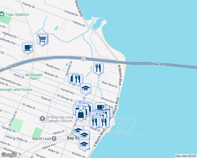 map of restaurants, bars, coffee shops, grocery stores, and more near 122 Bayview Court in Bay St. Louis