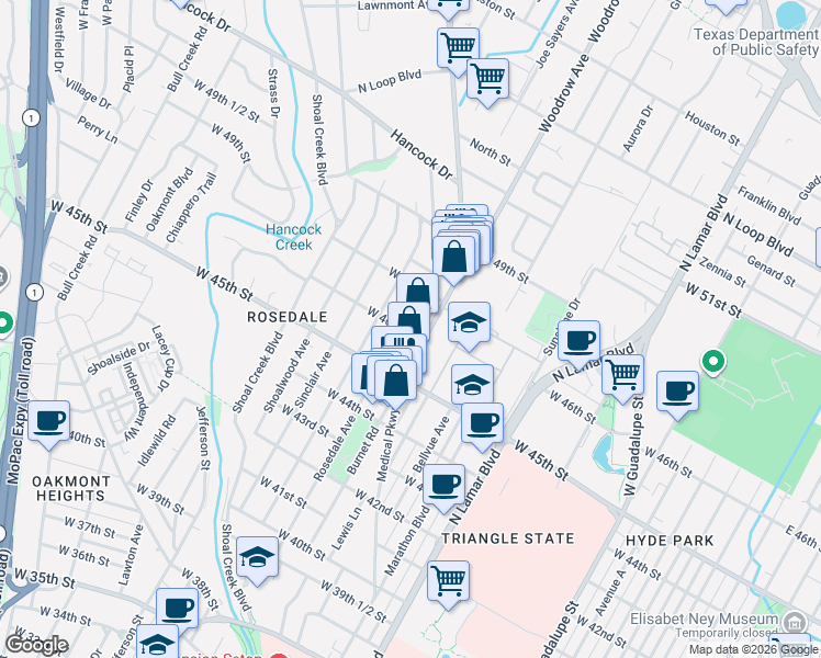 map of restaurants, bars, coffee shops, grocery stores, and more near 4513 Rosedale Avenue in Austin