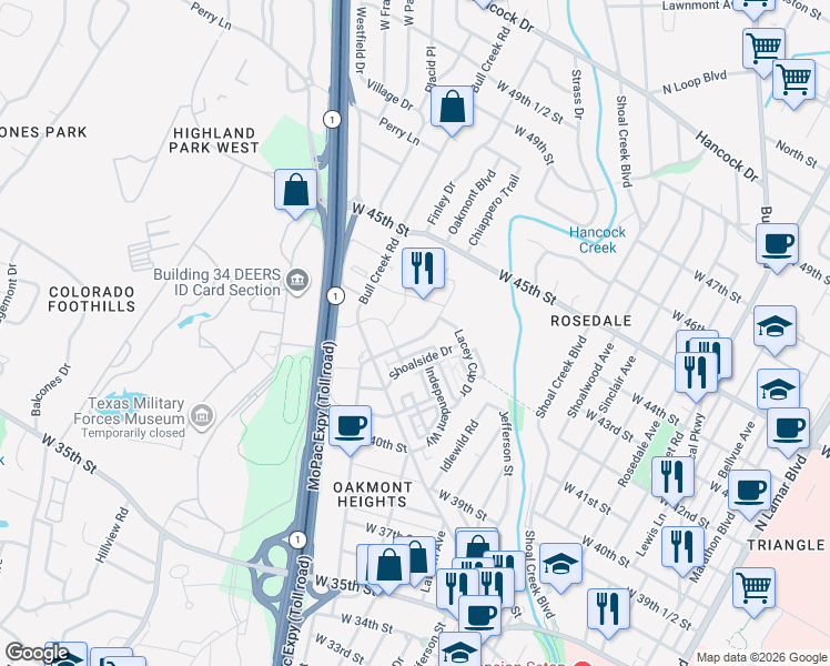 map of restaurants, bars, coffee shops, grocery stores, and more near 4325 Jackson Avenue in Austin