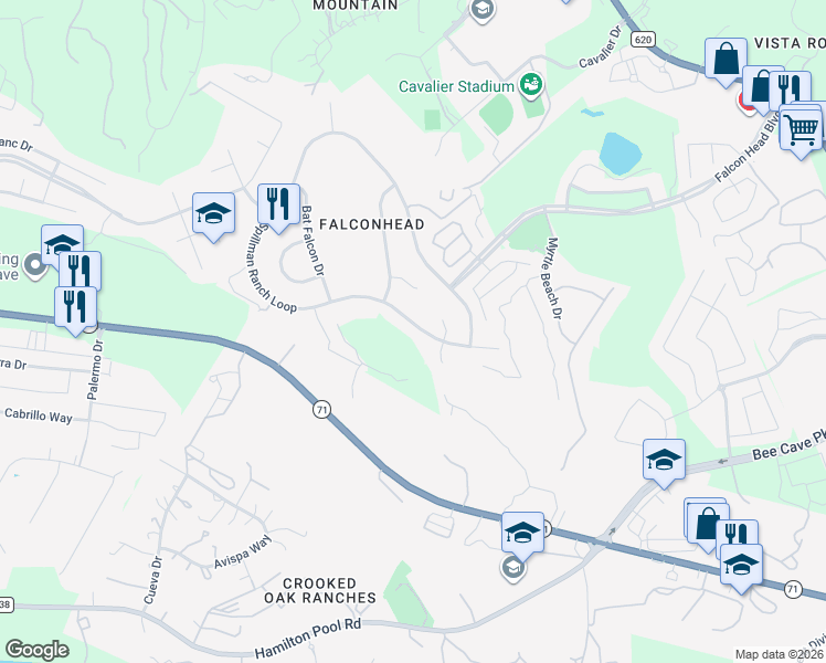 map of restaurants, bars, coffee shops, grocery stores, and more near 14813 Spillman Ranch Loop in Austin