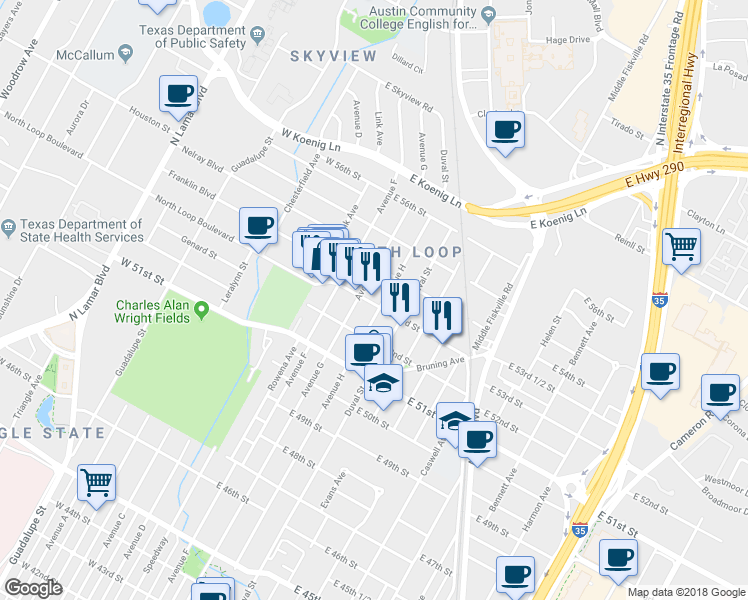 map of restaurants, bars, coffee shops, grocery stores, and more near 306 E 53rd St in Austin