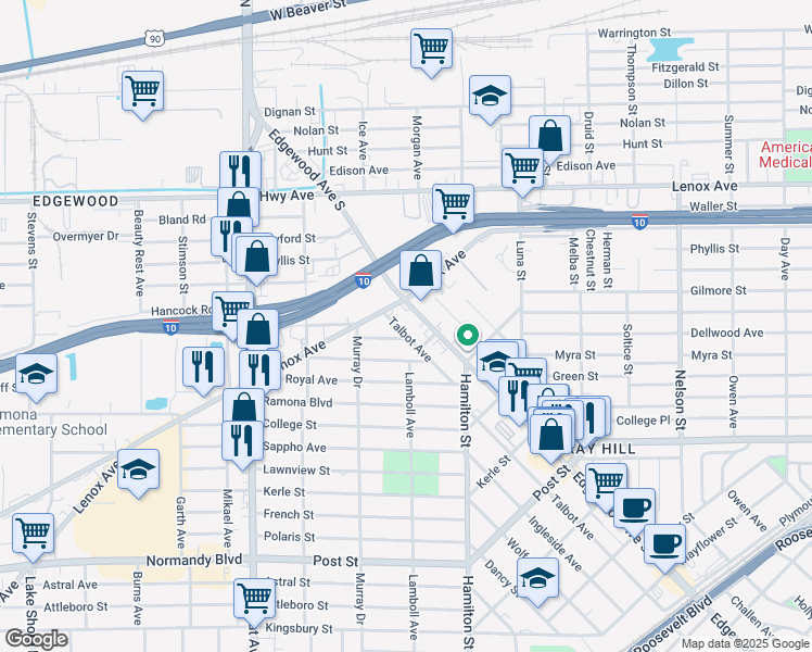 map of restaurants, bars, coffee shops, grocery stores, and more near 521 Talbot Avenue in Jacksonville