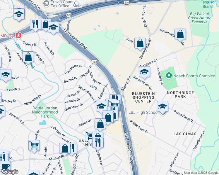 map of restaurants, bars, coffee shops, grocery stores, and more near 3407 Lynridge Drive in Austin