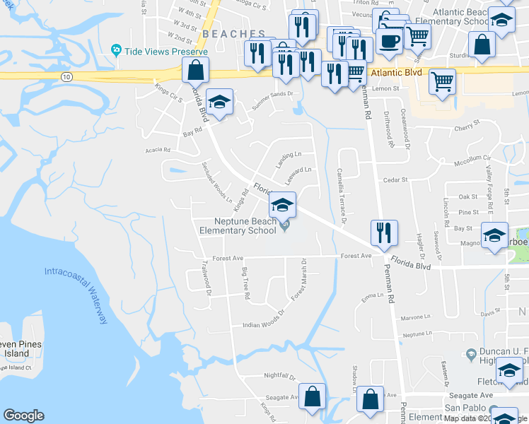 map of restaurants, bars, coffee shops, grocery stores, and more near 1108 Hamlet Lane East in Neptune Beach