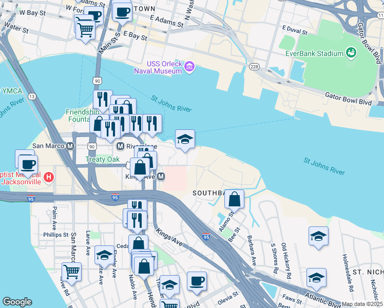 map of restaurants, bars, coffee shops, grocery stores, and more near 1701 Prudential Drive in Jacksonville