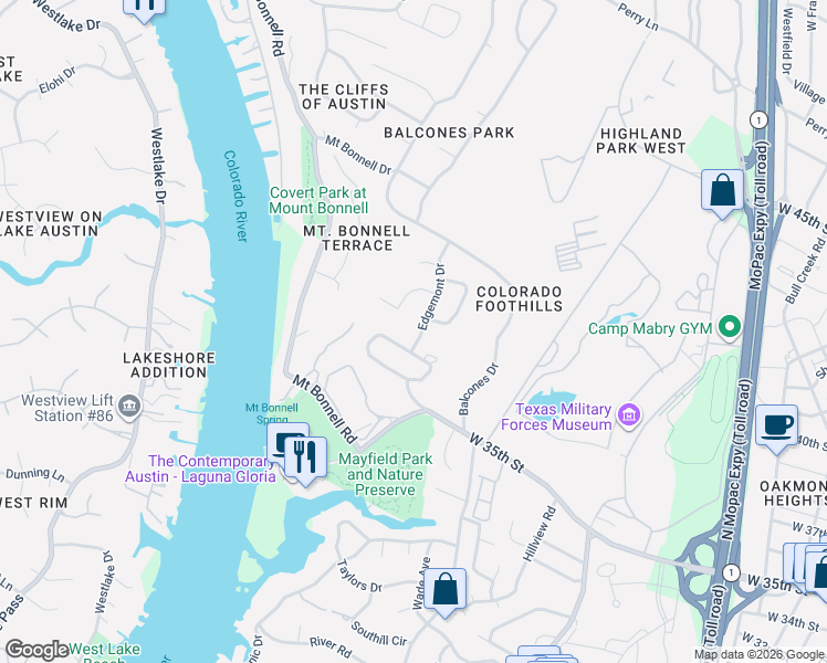 map of restaurants, bars, coffee shops, grocery stores, and more near 3604 Edgemont Drive in Austin