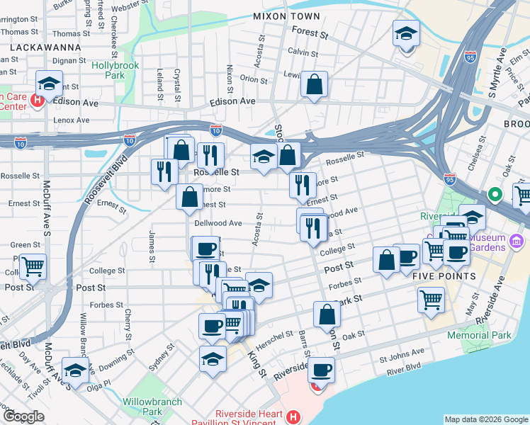 map of restaurants, bars, coffee shops, grocery stores, and more near 2550 Dellwood Avenue in Jacksonville