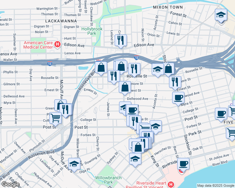 map of restaurants, bars, coffee shops, grocery stores, and more near 2746 Dellwood Avenue in Jacksonville