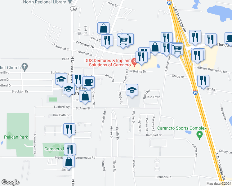 map of restaurants, bars, coffee shops, grocery stores, and more near 203 Mike Street in Carencro