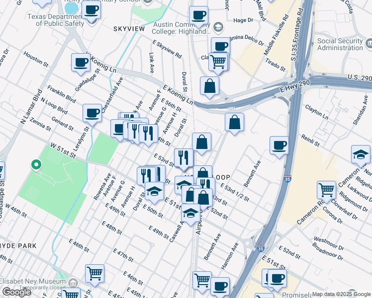 map of restaurants, bars, coffee shops, grocery stores, and more near 5315 Martin Avenue in Austin