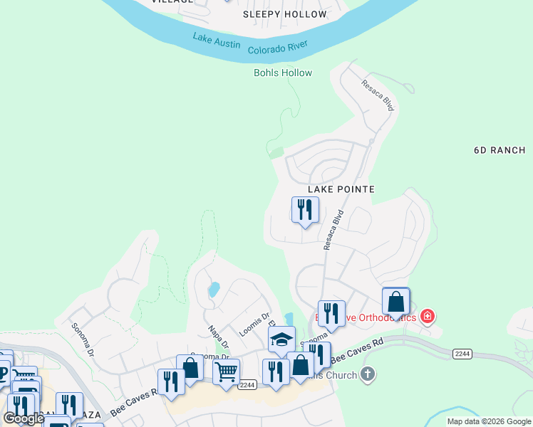 map of restaurants, bars, coffee shops, grocery stores, and more near 12217 Lake Stone Drive in Austin