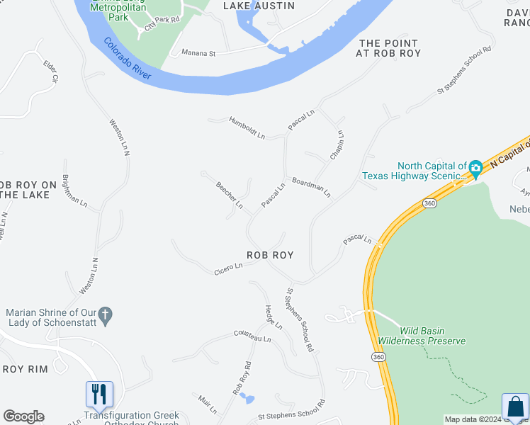 map of restaurants, bars, coffee shops, grocery stores, and more near 39 Pascal Lane in Austin
