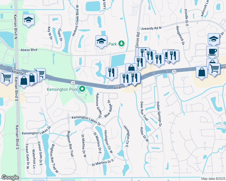 map of restaurants, bars, coffee shops, grocery stores, and more near 12639 Ashmore Green Drive South in Jacksonville