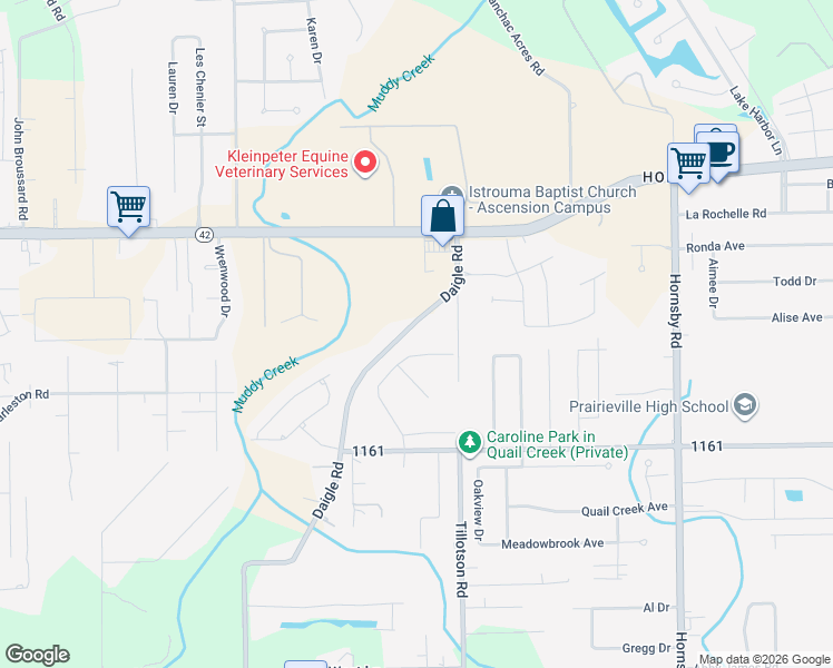 map of restaurants, bars, coffee shops, grocery stores, and more near 17166 Louisiana 930 in Prairieville