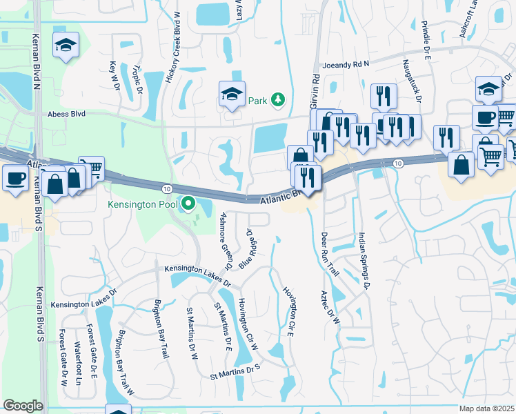 map of restaurants, bars, coffee shops, grocery stores, and more near 12639 Ashmore Green Drive South in Jacksonville