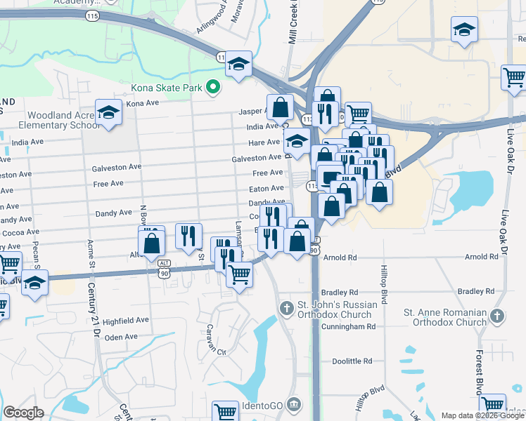 map of restaurants, bars, coffee shops, grocery stores, and more near 8925 Berry Avenue in Jacksonville