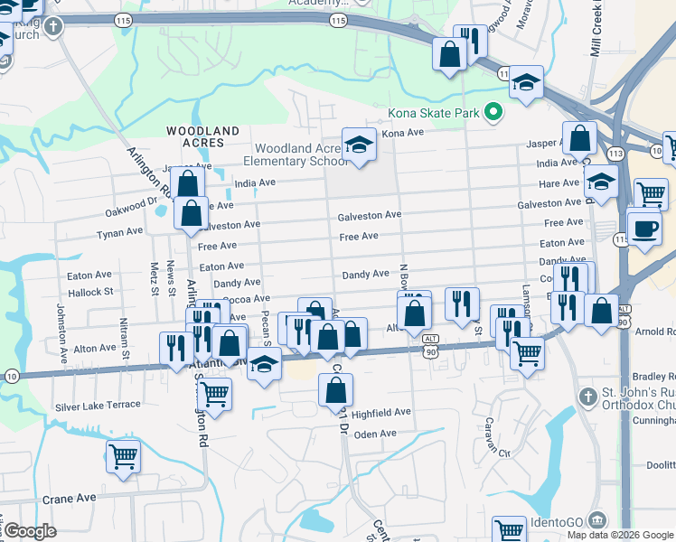 map of restaurants, bars, coffee shops, grocery stores, and more near 142 Acme Street in Jacksonville