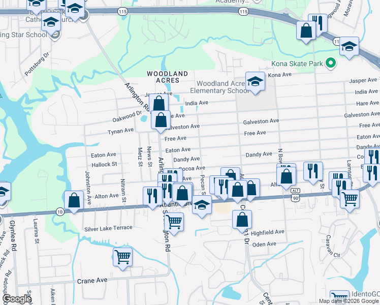 map of restaurants, bars, coffee shops, grocery stores, and more near 7638 Dandy Avenue in Jacksonville