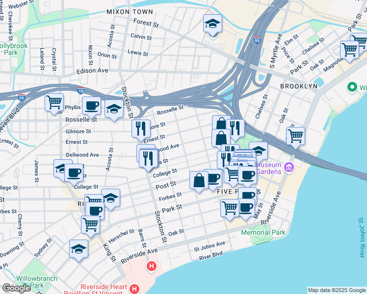 map of restaurants, bars, coffee shops, grocery stores, and more near 2150 Myra Street in Jacksonville