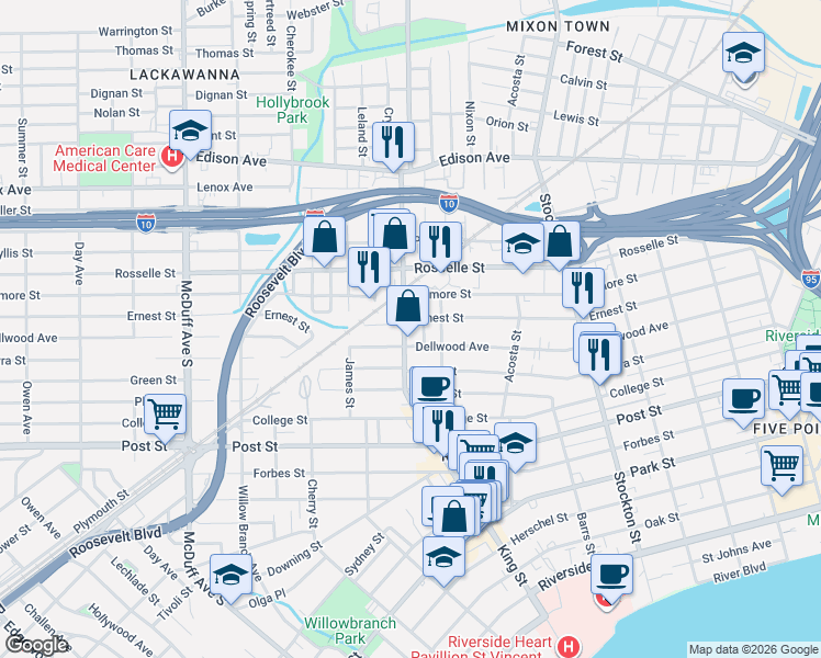 map of restaurants, bars, coffee shops, grocery stores, and more near 2704 Dellwood Avenue in Jacksonville