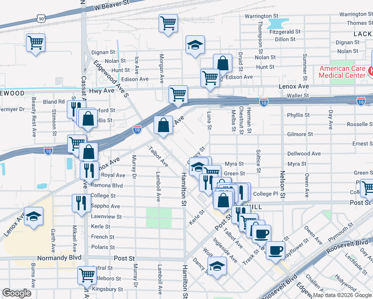 map of restaurants, bars, coffee shops, grocery stores, and more near in Jacksonville