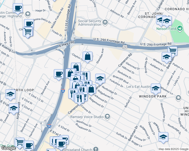 map of restaurants, bars, coffee shops, grocery stores, and more near 1112 Reinli Street in Austin