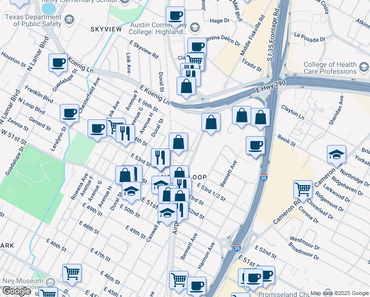 map of restaurants, bars, coffee shops, grocery stores, and more near 5410 Airport Boulevard in Austin