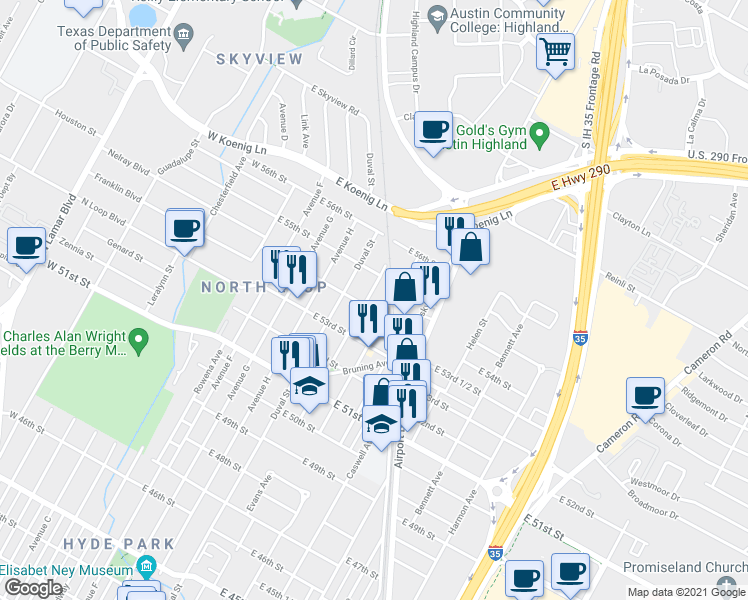 map of restaurants, bars, coffee shops, grocery stores, and more near 5315 Martin Avenue in Austin