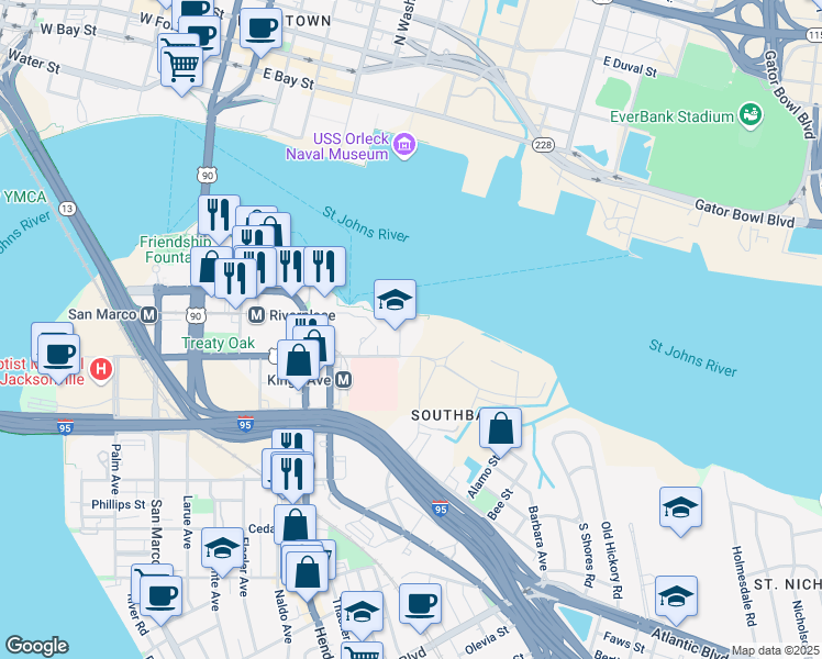 map of restaurants, bars, coffee shops, grocery stores, and more near 1701 Prudential Drive in Jacksonville